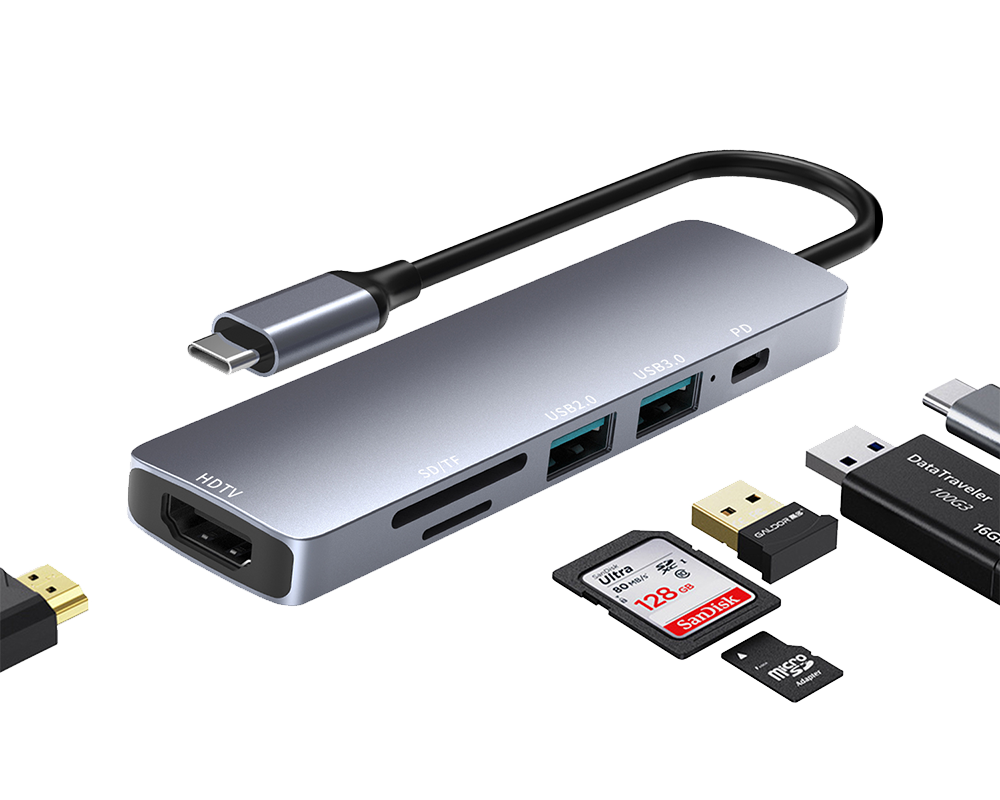 Hub USB C 6 en 1 avec interface PD/USB et vidéo